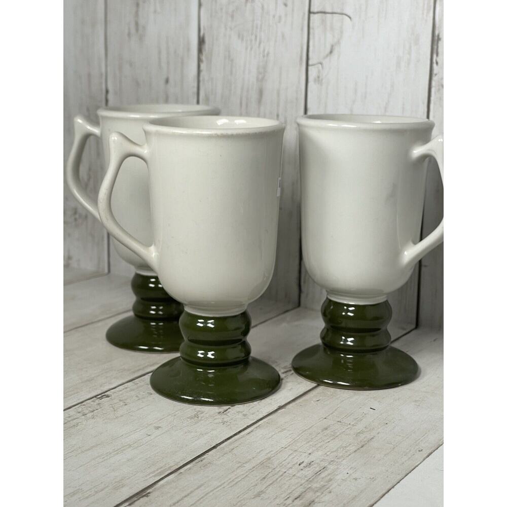 Hall Irish Coffee Mugs 1272 Set of 3 White w Green Footed Base Stoneware USA